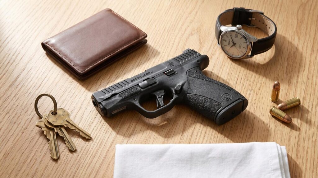 S&W M&P Bodyguard 2.0 Review (2026): 500 Round Test of the New Pocket .380 9 Top-down everyday carry flat-lay on light oak table: Smith Wesson MP Bodyguard 2.0 pocket 380 pistol, brown leather bifold wallet, brass keys, mechanical watch, and loose 380 ACP cartridges in soft morning window light