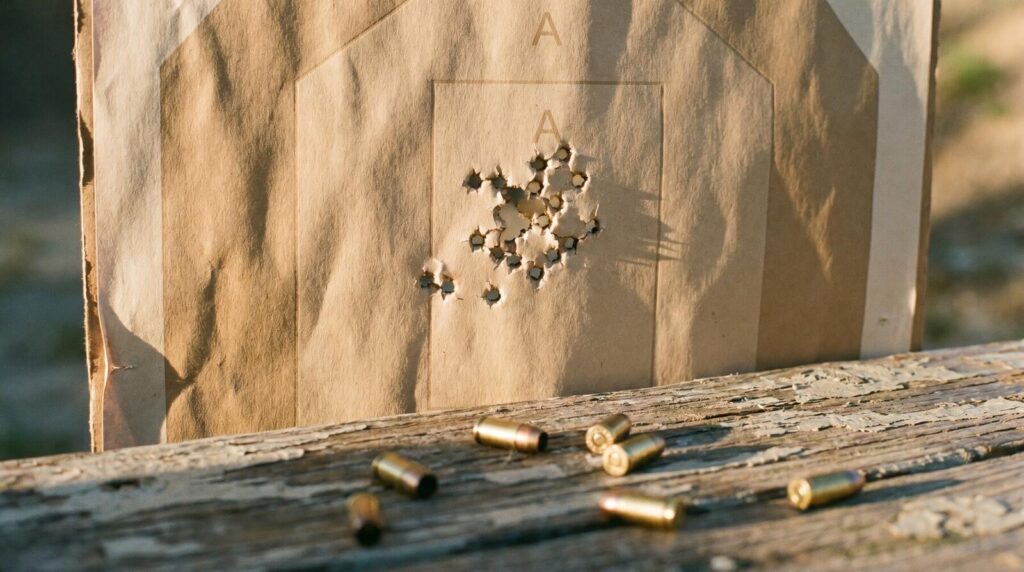 S&W M&P Bodyguard 2.0 Review (2026): 500 Round Test of the New Pocket .380 12 IPSC silhouette target showing a 2.5-inch group of 380 ACP bullet holes in the A-zone consistent with the Smith Wesson MP Bodyguard 2.0 pocket pistol shot at 7 yards