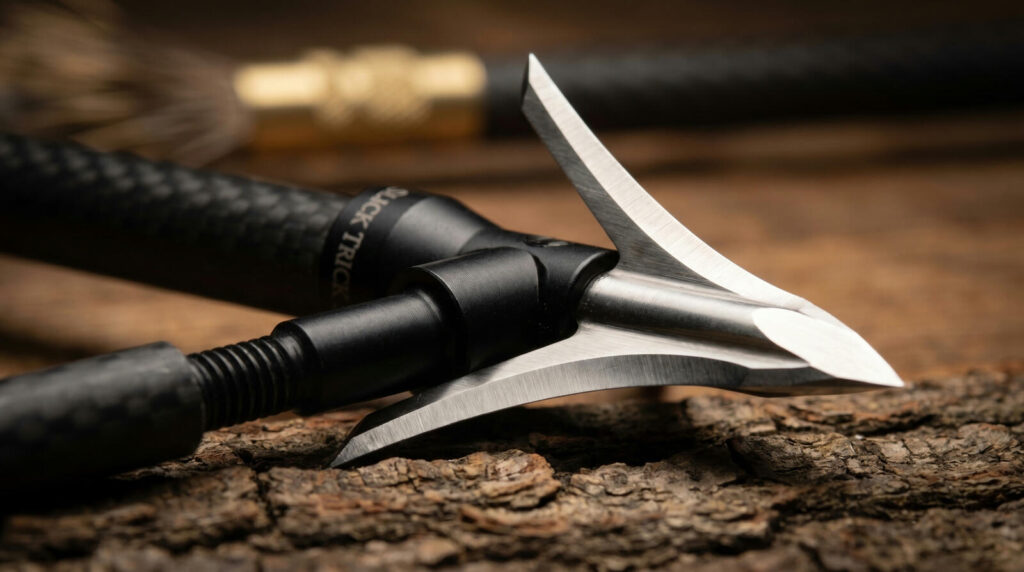 Best Broadheads for Hunting (2026): Fixed-Blade vs Mechanical, Tested 4 Slick Trick Shift SB single-bevel fixed-blade broadhead mounted on carbon-fiber hunting arrow on tree bark surface