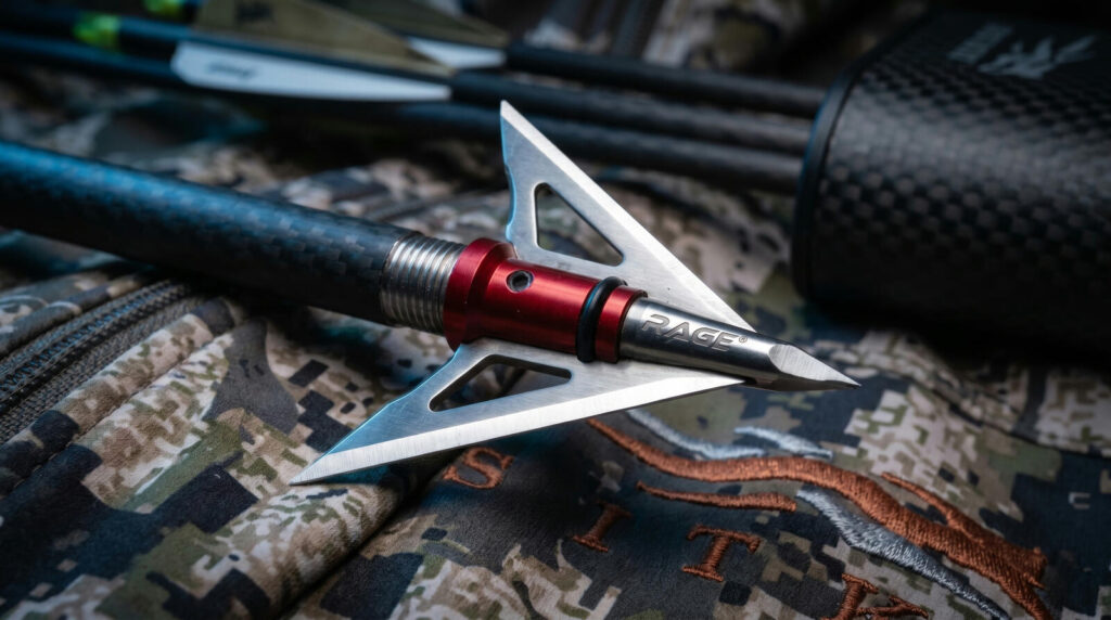 Best Broadheads for Hunting (2026): Fixed-Blade vs Mechanical, Tested 11 Rage Hypodermic Trypan NC mechanical broadhead with shock-collar mechanism on carbon arrow on Sitka camouflage hunting pack