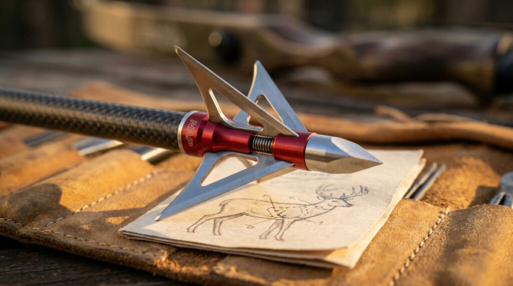 Best Broadheads for Hunting (2026): Fixed-Blade vs Mechanical, Tested 15 NAP Killzone two-blade mechanical broadhead with red ferrule on carbon arrow on leather possibles bag with hand-drawn deer shot-placement diagram