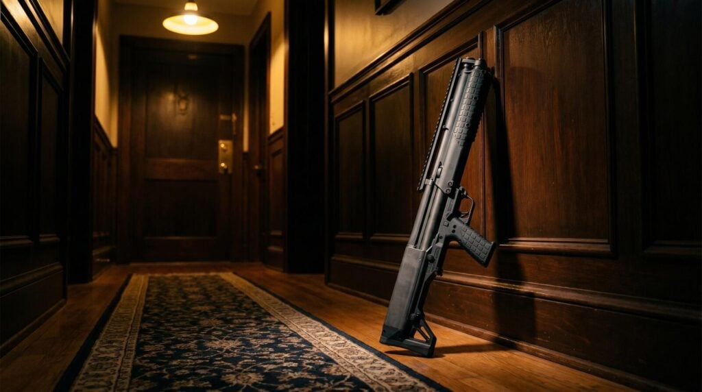 Best Home Defense Bullpup (2026): Shotguns and Rifles 9 Kel-Tec KSG bullpup pump-action 12 gauge shotgun propped against a dark wood-paneled hallway wall inside a residential home at night with warm yellow incandescent overhead light