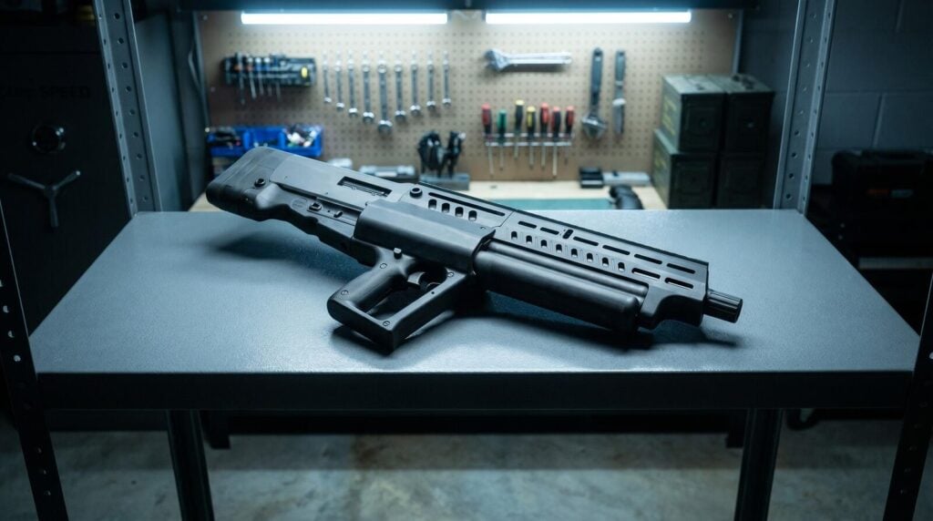 Best Home Defense Bullpup (2026): Shotguns and Rifles 10 IWI Tavor TS12 semi-automatic bullpup 12 gauge shotgun resting on a steel-grey gun safe shelf inside a basement gun room with cool blue-white LED overhead lighting