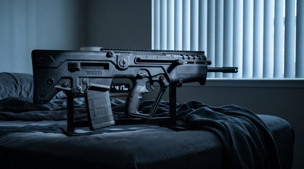 Best Home Defense Bullpup (2026): Shotguns and Rifles 11 IWI Tavor X95 5.56 bullpup rifle mounted to an under-bed rifle rack inside a dim residential bedroom at pre-dawn with cool blue-grey window light