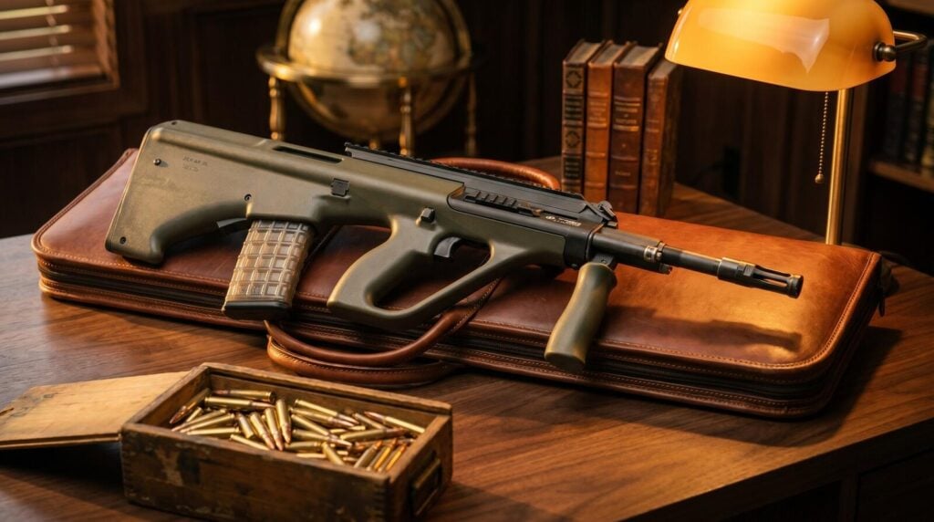 Best Home Defense Bullpup (2026): Shotguns and Rifles 12 Steyr AUG A3 M1 5.56 bullpup rifle in olive-drab green polymer across a brown leather rifle case on a walnut library desk inside an executive study at golden hour