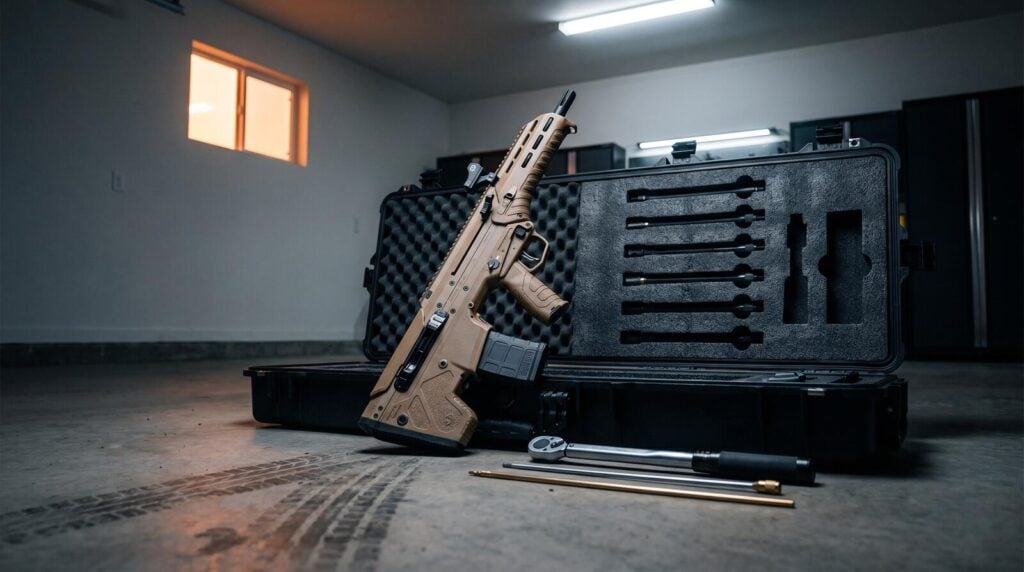 Best Home Defense Bullpup (2026): Shotguns and Rifles 13 Desert Tech MDR multi-caliber .308 bullpup rifle propped vertically against an open black Pelican rifle case lined with grey foam in a modern garage workshop at dusk