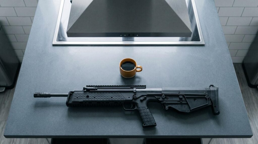Best Home Defense Bullpup (2026): Shotguns and Rifles 14 Kel-Tec RDB 5.56 bullpup rifle resting on a slate-grey kitchen island countertop in a modern minimalist home kitchen during overcast afternoon