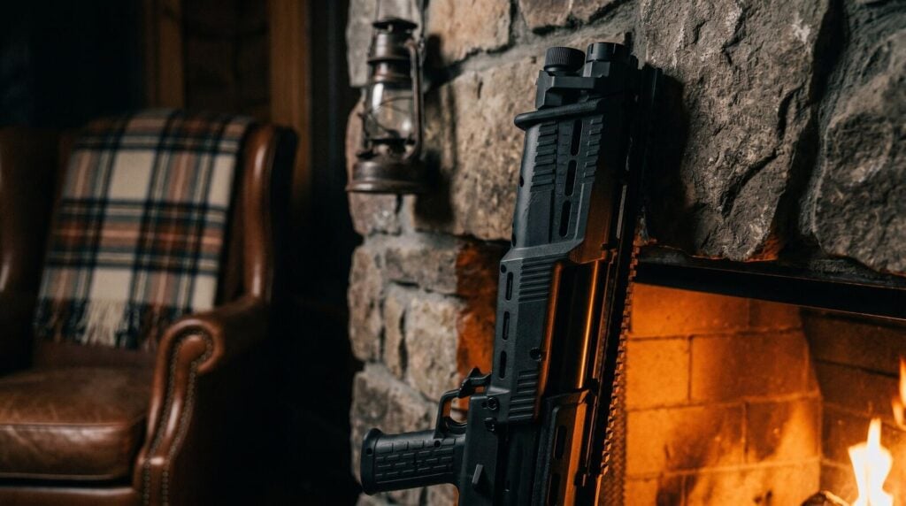 Best Home Defense Bullpup (2026): Shotguns and Rifles 15 Standard Manufacturing DP-12 double-barrel bullpup pump 12 gauge shotgun against a stone fireplace mantel inside a rustic cabin great-room at night with warm orange firelight
