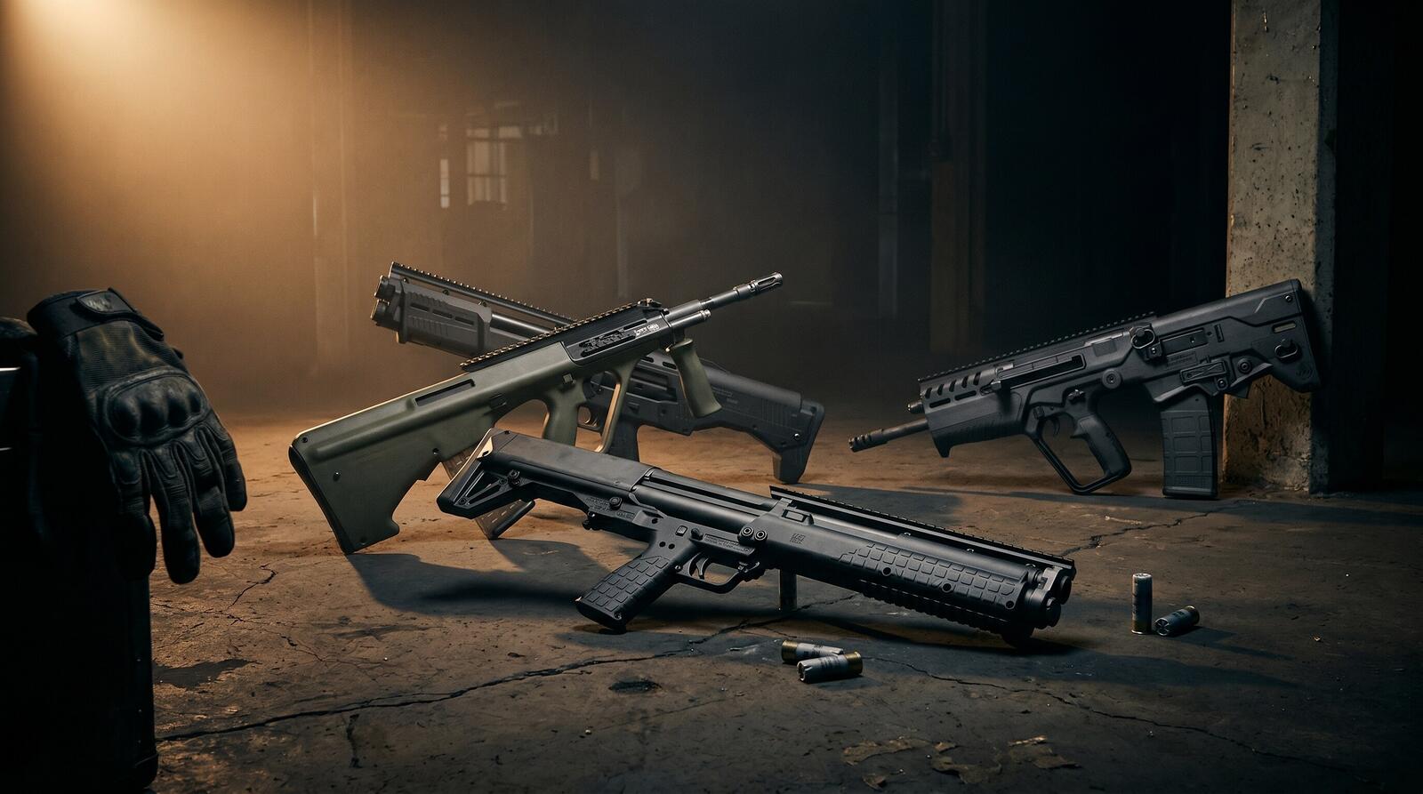 Cinematic editorial composite of four best home defense bullpup firearms — Kel-Tec KSG, Steyr AUG A3 M1, IWI Tavor X95, Standard Manufacturing DP-12 — arranged on weathered concrete floor with warm amber tungsten rim light