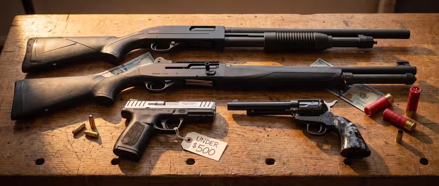 Best budget home defense guns under 500 dollars - Winchester SXP Defender, Stoeger M3000, S&W SD9 VE, and Heritage Rough Rider on weathered oak workbench