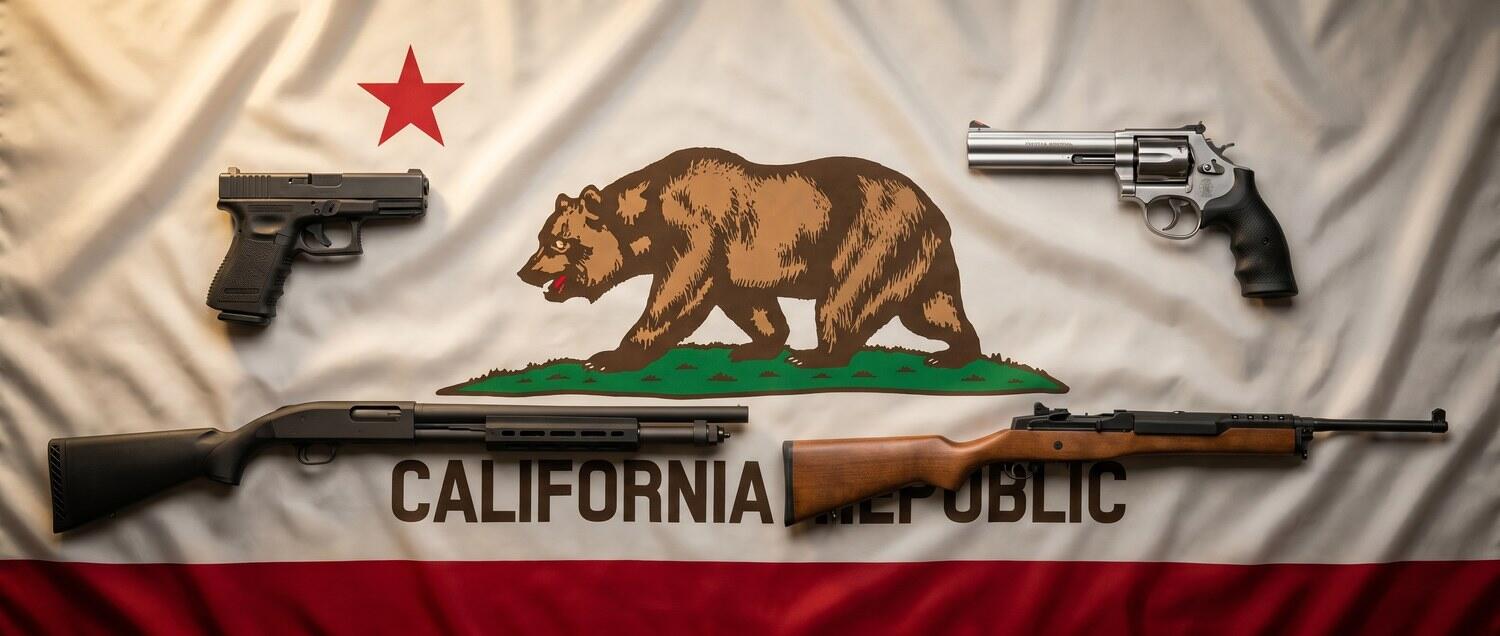 Glock 19, S&W 686, Mossberg 590A1, and Ruger Mini-14 Ranch arranged on silk California state flag backdrop