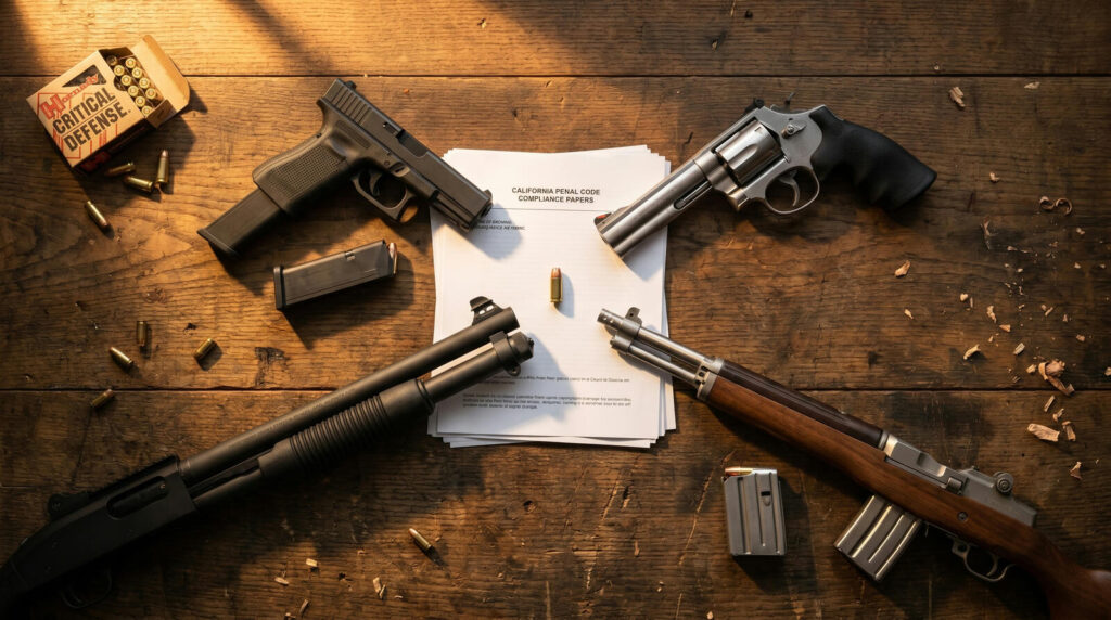Four California-compliant home defense firearms flat-lay: Glock 19 Gen 3, S&W 686 revolver, Mossberg 590A1 shotgun, and Ruger Mini-14 Ranch with 10-round magazines and CA penal code compliance papers