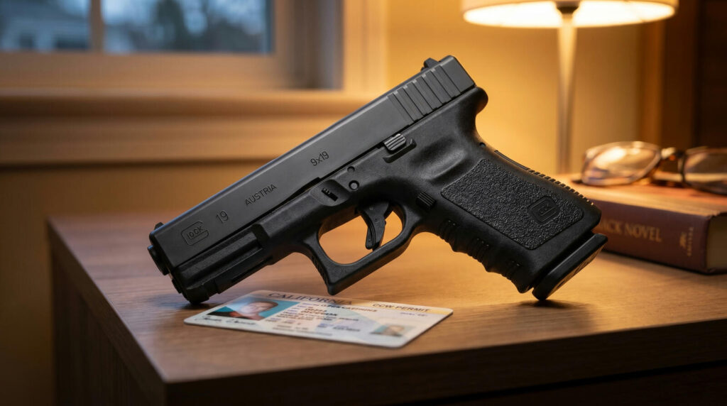 Glock 19 Generation 3 9mm pistol with classic pebble grip and finger grooves on residential nightstand at dusk with California concealed carry permit