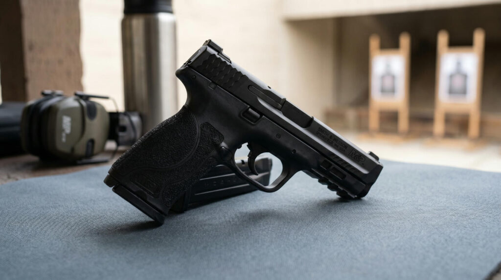 Smith and Wesson M&P 9 M2.0 pistol with aggressive frame texture and fish-scale slide serrations on outdoor pistol bay range mat
