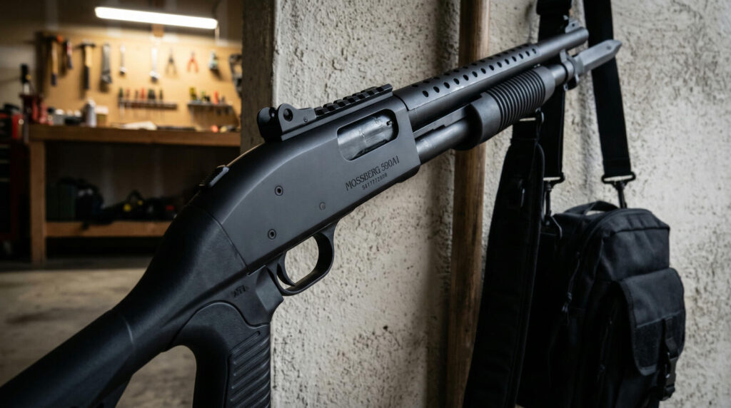 Mossberg 590A1 18.5-inch tactical pump-action 12-gauge shotgun with heavy-walled barrel and bayonet lug racked in California garage workshop