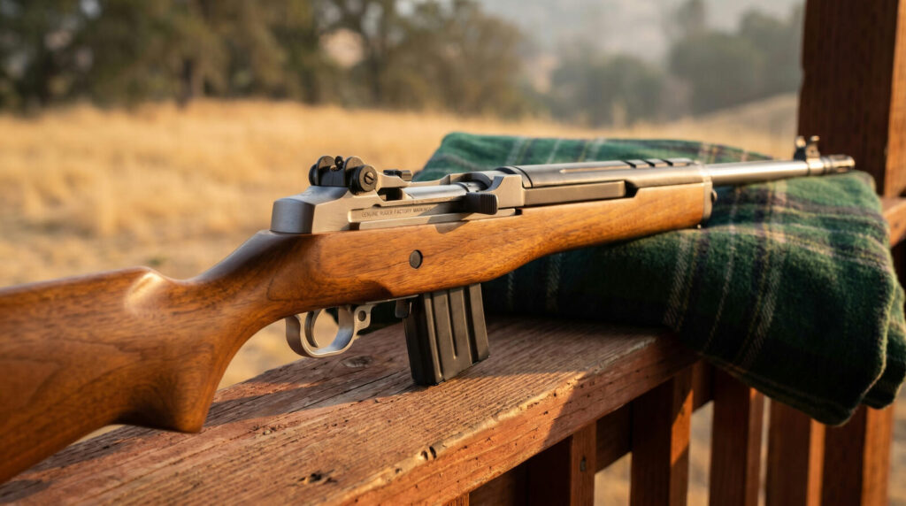 Ruger Mini-14 Ranch Rifle with stainless steel receiver and hardwood stock on weathered porch railing at Northern California ranch at golden hour