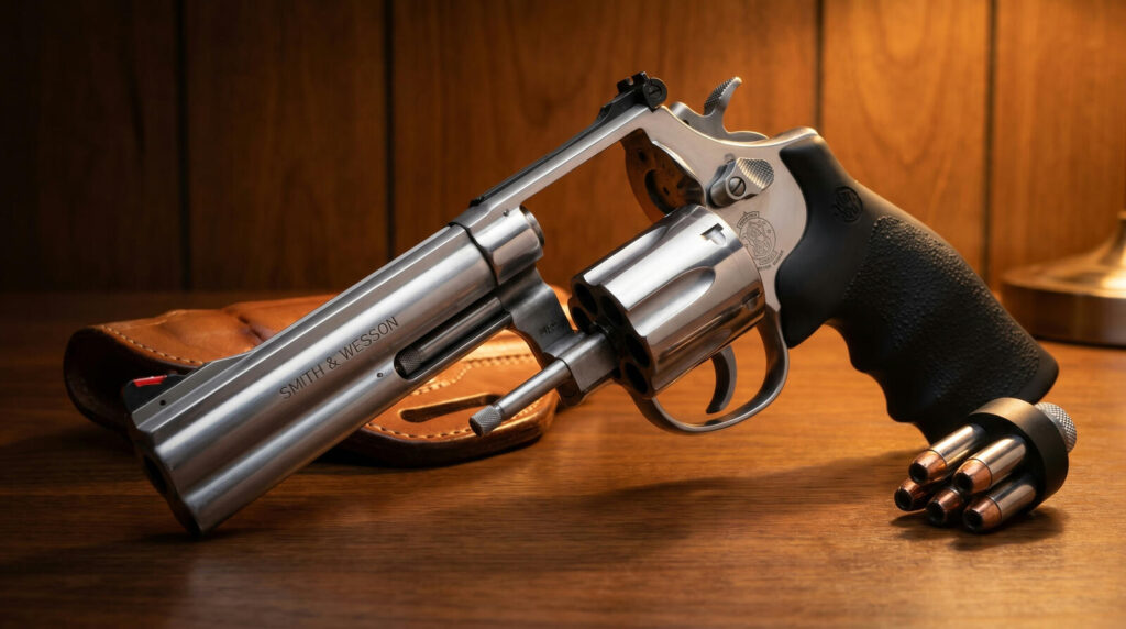 Stainless Smith and Wesson 686 4-inch .357 Magnum revolver with rubber Hogue grips and speed loader on wood-paneled home office desk