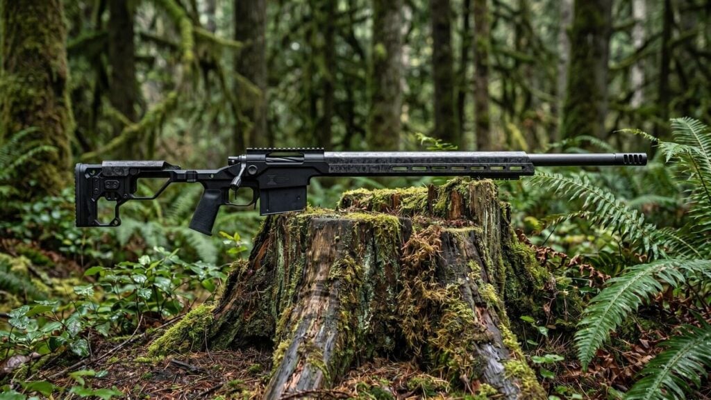 Christensen Arms MPR Review (2026): 500 Round Test of the Carbon Fiber Precision Rifle 3 Christensen Arms MPR 6.5 Creedmoor precision rifle on weathered cedar stump in Pacific Northwest forest with moss and ferns