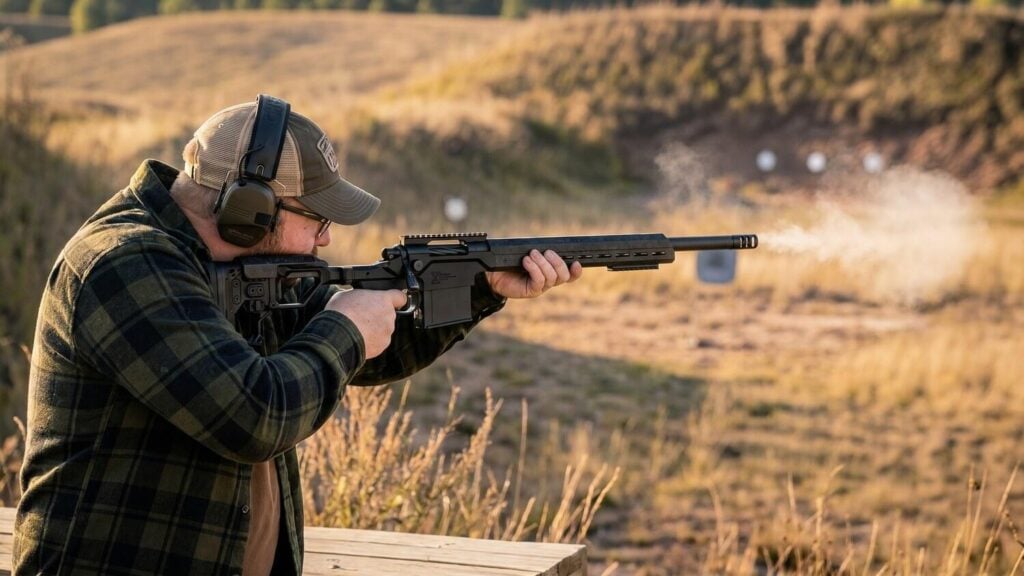 Christensen Arms MPR Review (2026): 500 Round Test of the Carbon Fiber Precision Rifle 9 Shooter in plaid jacket firing the Christensen Arms MPR 6.5 Creedmoor on outdoor prairie range with steel gong targets at golden hour