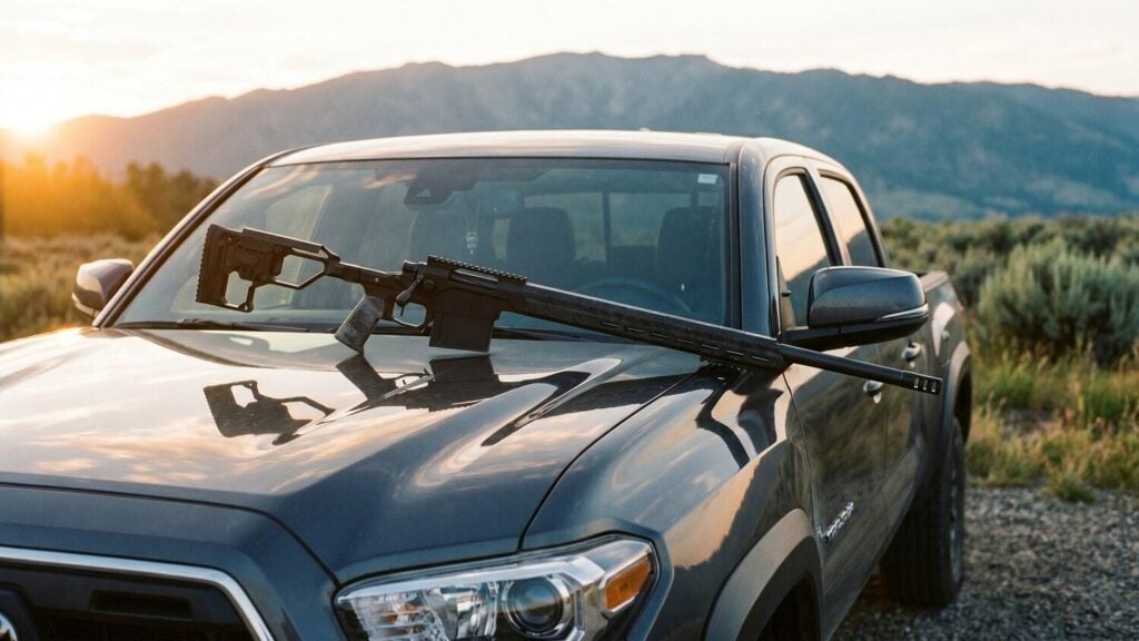 Christensen Arms MPR Review (2026): 500 Round Test of the Carbon Fiber Precision Rifle 12 Christensen Arms MPR 6.5 Creedmoor on dark grey Toyota Tacoma hood at remote gravel mountain pullout at sunset
