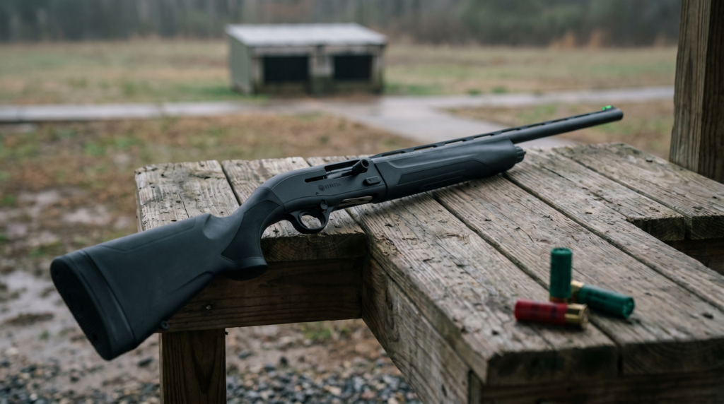 8 Best Shotguns for the Money in 2026: Maximum Value at Every Price 24 Beretta A300 Ultima semi-automatic shotgun on weathered cedar bench at sporting clays course