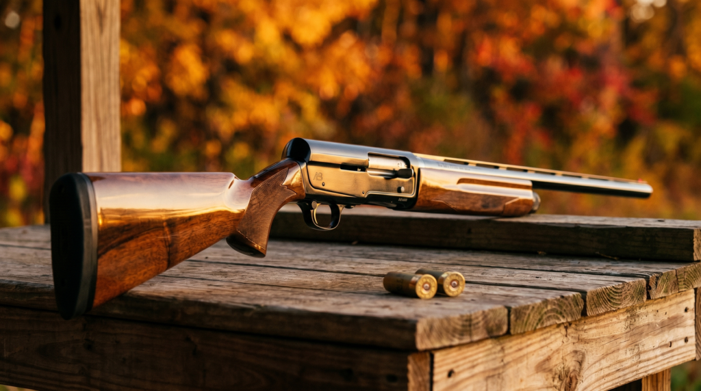 Beretta A400 Xcel Sporting Review 5 Browning A5 Hunter with iconic humpback receiver on shooting bench at clays course in golden hour light