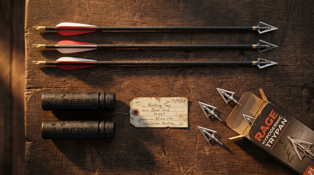 Best Crossbows (2026): Hunting, Speed, and Stealth Ranked 17 Crossbow hunting accessories flat-lay: three carbon hunting bolts with red and white fletchings tipped with fixed-blade broadheads, R.E.D.S. limb suppressors, a hunting tag, and an open box of Rage Hypodermic Trypan broadheads on a weathered dark walnut surface