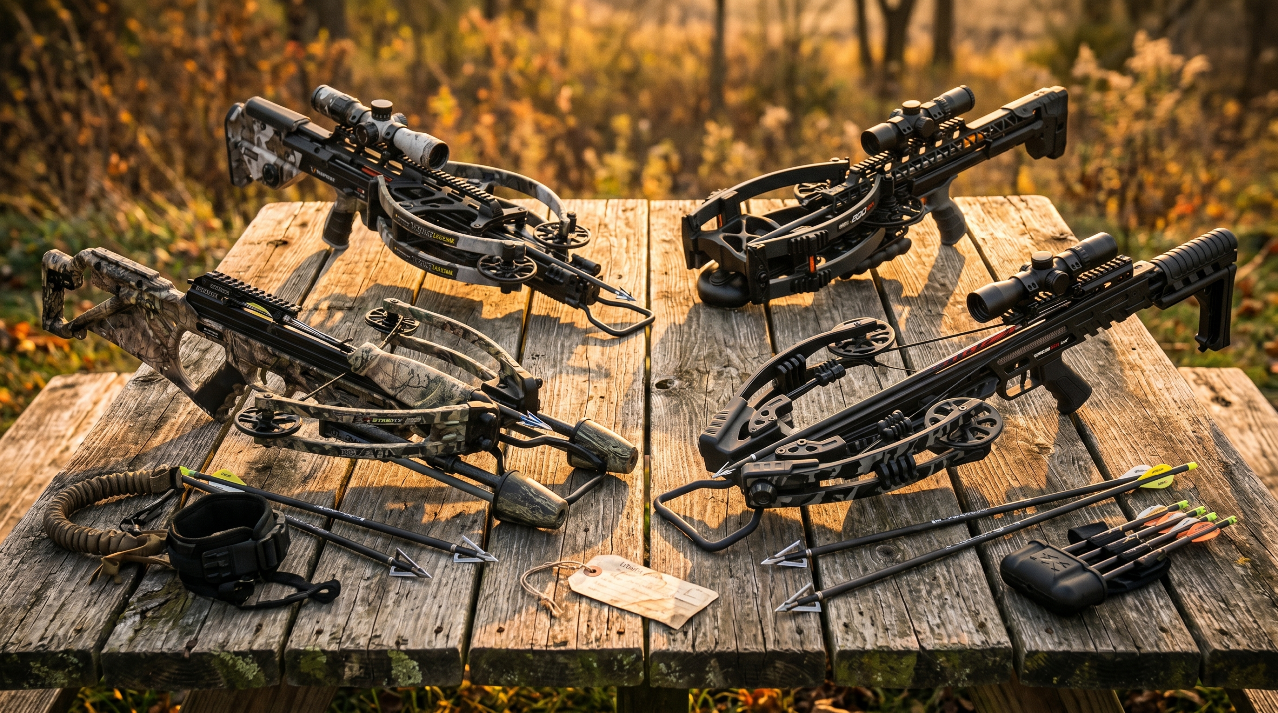 Best Crossbows (2026): Hunting, Speed, and Stealth Ranked 3 Best crossbows for 2026 hero composite: TenPoint TRX Ultra in Veil camo, Ravin R500 black compact reverse-draw, Excalibur Micro Suppressor Extreme recurve in Mossy Oak camo, and Killer Instinct Boss XDC AR-platform crossbow arranged on a weathered cedar table at golden hour with carbon bolts, broadheads, and hunting accessories