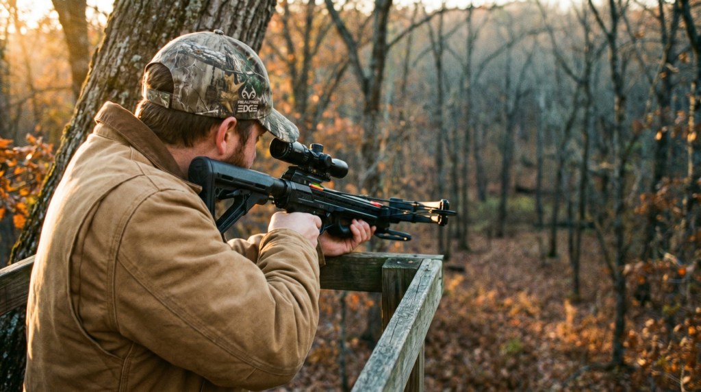 Best Crossbows (2026): Hunting, Speed, and Stealth Ranked 16 Bowhunter in a tan field jacket and Realtree Edge camo cap sitting in a wooden treestand at golden hour, shouldering a black AR-style reverse-draw crossbow with scope mounted, glassing a wood line below for whitetail deer