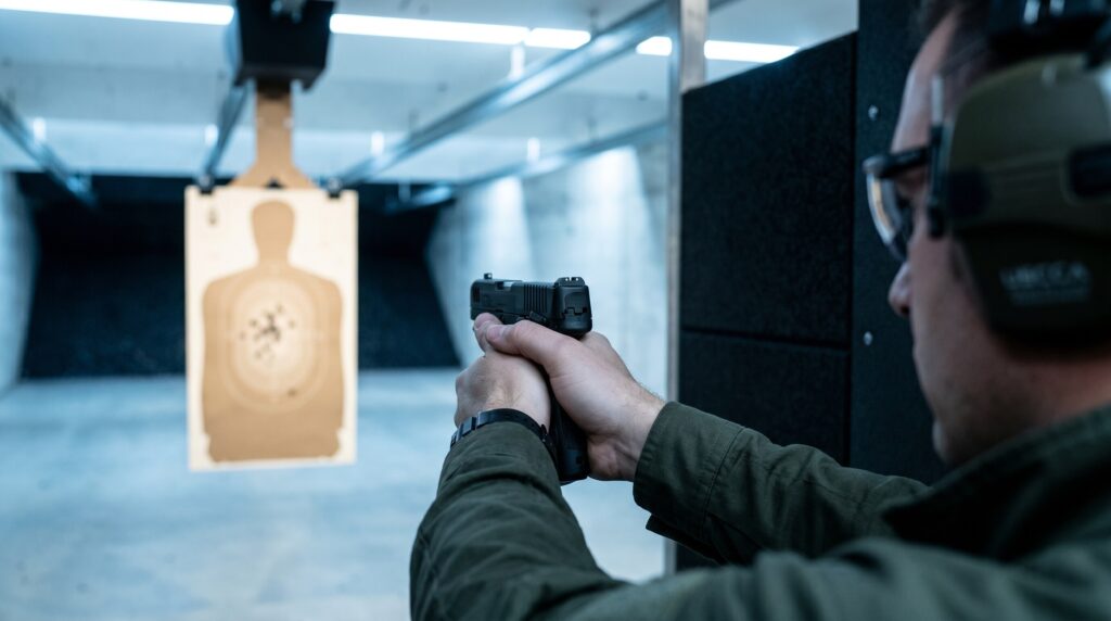 Home Defense on a Budget (2026): Complete Setup Under $1000 25 First-person shooter perspective of a Taurus G3c 9mm pistol in two-handed isosceles grip pointed downrange at a paper silhouette target inside an indoor pistol training bay with a USCCA defensive pistol instructor visible wearing electronic ear protection and shooting glasses