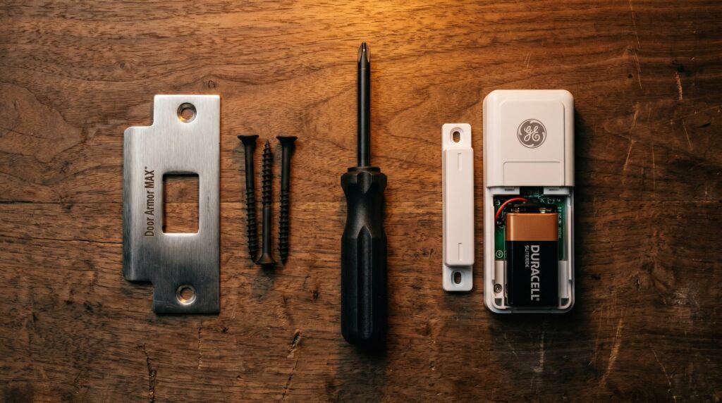 Home Defense on a Budget (2026): Complete Setup Under $1000 26 Top-down flat-lay of Door Armor MAX heavy-gauge steel strike plate reinforcement with 3-inch black wood screws, black Phillips screwdriver, and white GE magnetic window contact alarm sensor with Duracell 9V battery on a weathered dark walnut workbench in warm tungsten lighting