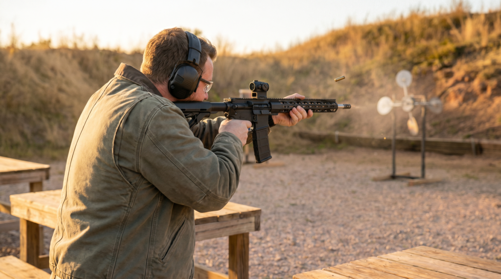 Extar EP9 Review (2026): 500 Round Test of the Budget PCC King 5 Shooter firing Extar EP9 9mm PCC at outdoor range with red dot mounted and steel targets in background