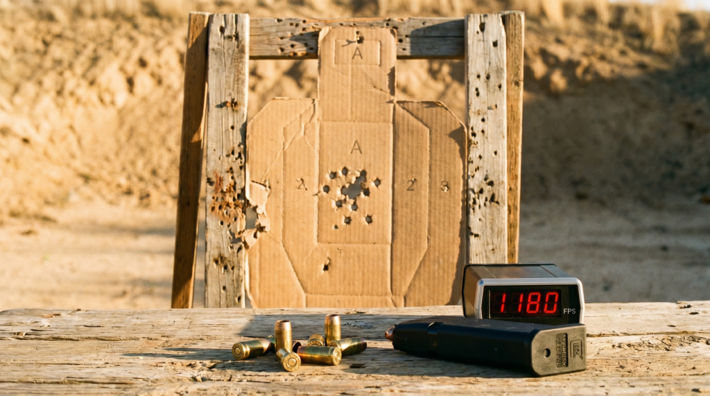 Extar EP9 Review (2026): 500 Round Test of the Budget PCC King 6 Extar EP9 25-yard target group with chronograph reading 1180 fps and 9mm brass on range bench