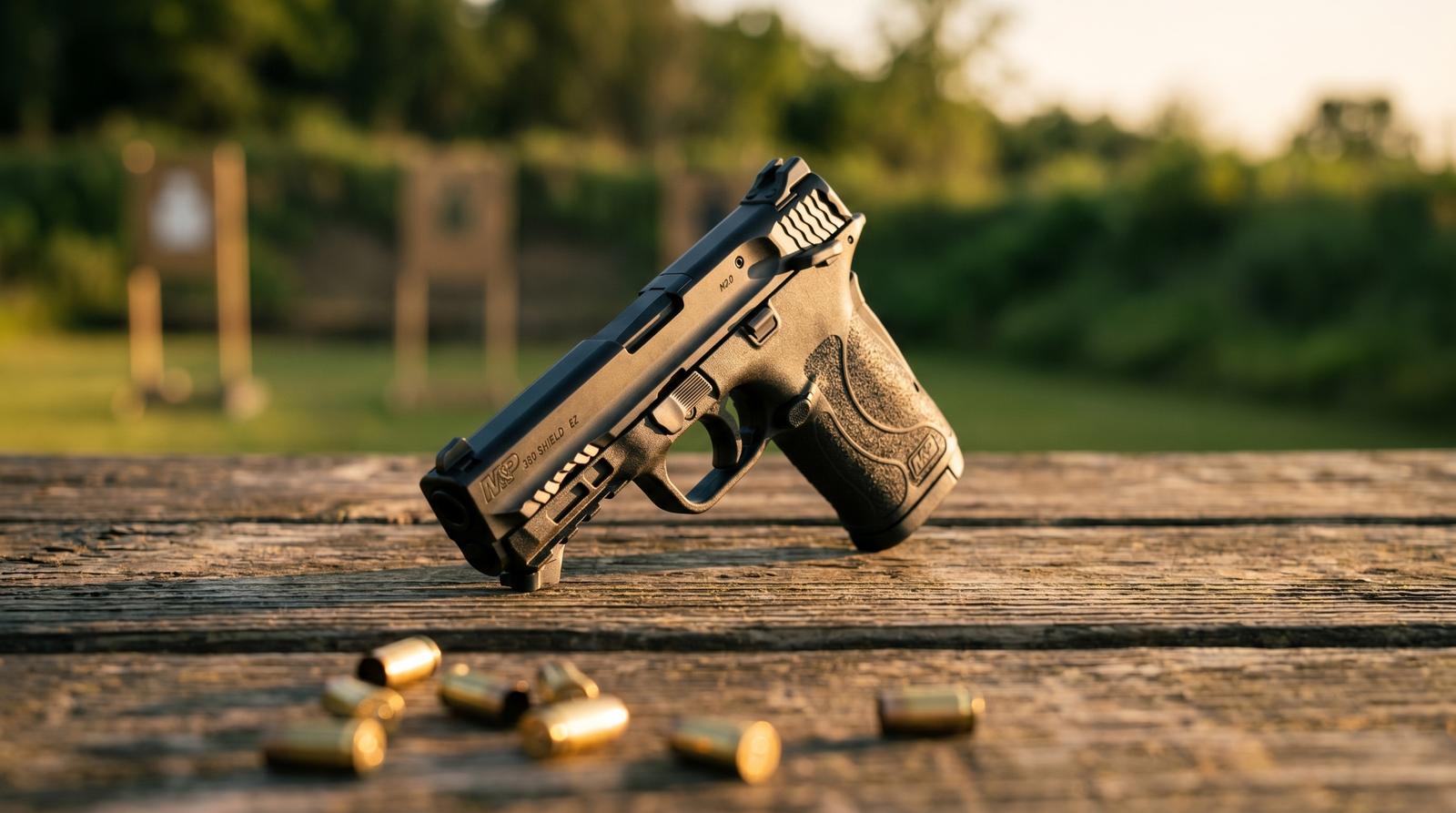 M&P Shield EZ review — Smith & Wesson M&P Shield EZ pistol on weathered wooden range bench at golden hour with brass cases in foreground
