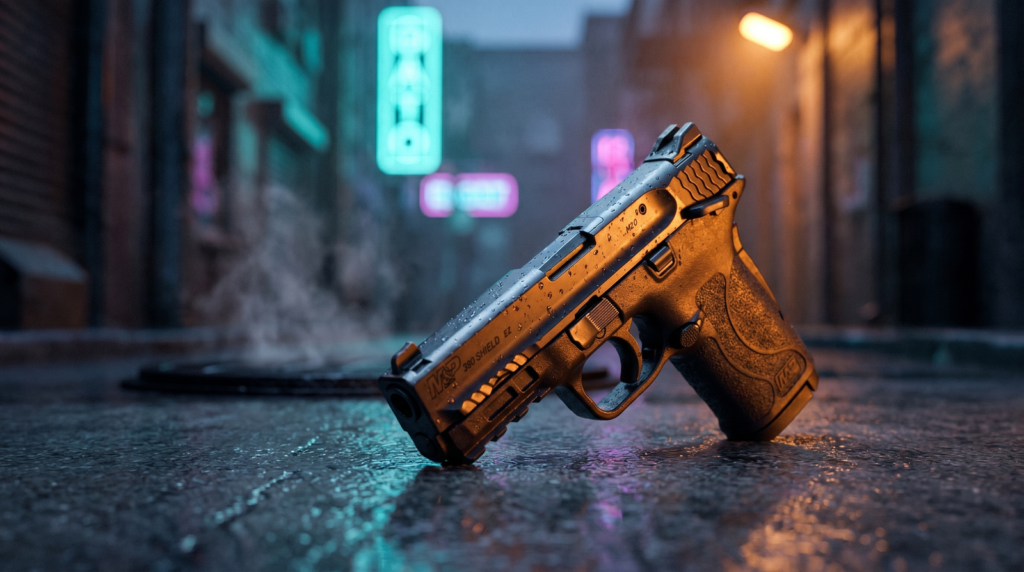Smith & Wesson EZ Review: Is It Really the Easiest Gun to Shoot? 3 Three-quarter rear view of S&W Shield EZ on rain-wet concrete under blue-hour streetlight