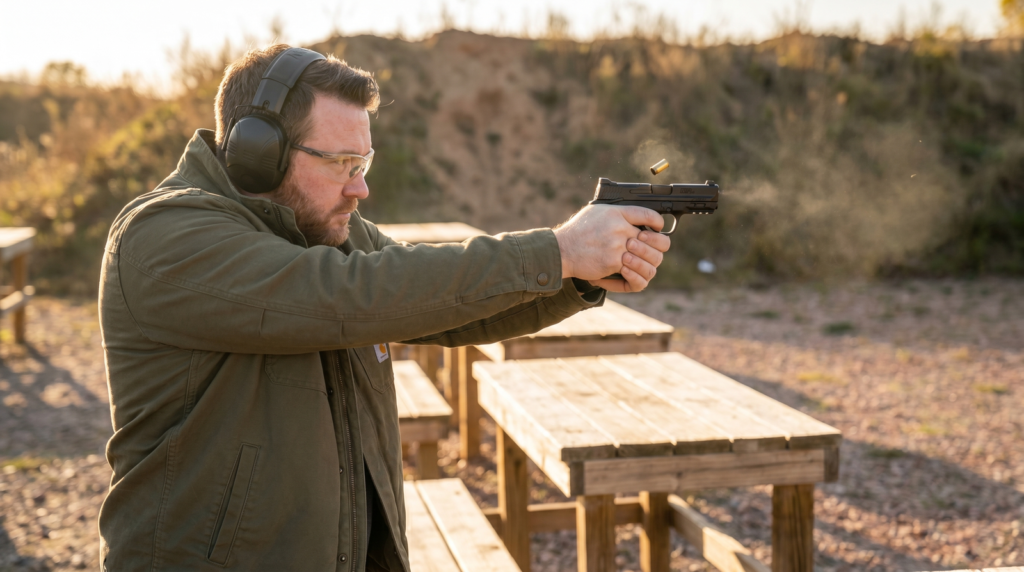 Smith & Wesson EZ Review: Is It Really the Easiest Gun to Shoot? 4 Shooter in olive Carhartt jacket firing the S&W Shield EZ from an outdoor range bench at golden hour