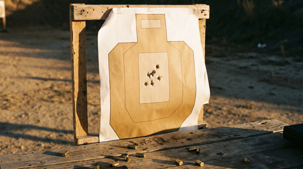 Smith & Wesson EZ Review: Is It Really the Easiest Gun to Shoot? 5 Paper target with mixed defensive group from 15 yards next to spent brass on a range bench