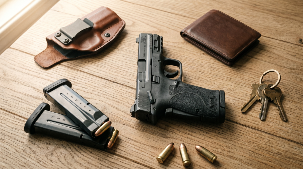 Smith & Wesson EZ Review: Is It Really the Easiest Gun to Shoot? 6 EDC flat-lay on light oak table with S&W Shield EZ, leather IWB holster, two spare mags, wallet and keys