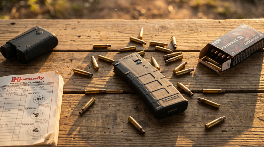 Faxon ION-X Hyperlite Review (2026): The Sub-5-Pound 16" AR-15 Tested 13 Top down 5.56 NATO brass scatter on range bench with Magpul PMAG Federal ammo box Hornady ammunition logbook
