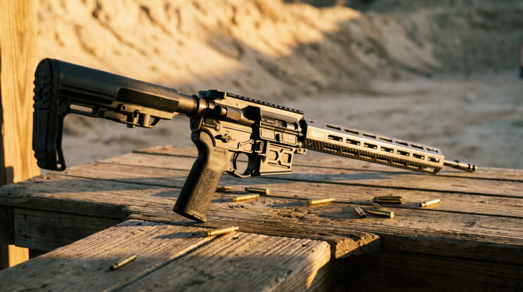 Faxon ION-X Hyperlite Review (2026): The Sub-5-Pound 16" AR-15 Tested 2 Faxon ION-X Hyperlite 16 inch 5.56 AR-15 cinematic lead hero on weathered range bench at golden hour