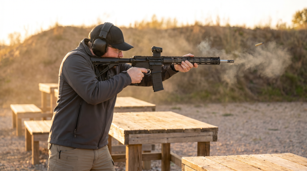 Faxon ION-X Hyperlite Review (2026): The Sub-5-Pound 16" AR-15 Tested 12 Shooter in charcoal softshell running the Faxon ION-X Hyperlite AR-15 at outdoor range golden hour side profile