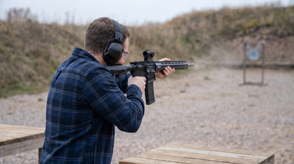 Faxon ION-X Hyperlite Review (2026): The Sub-5-Pound 16" AR-15 Tested 14 Shooter in navy flannel running the Faxon ION-X Hyperlite AR-15 three quarter rear view on overcast outdoor range with steel gong target
