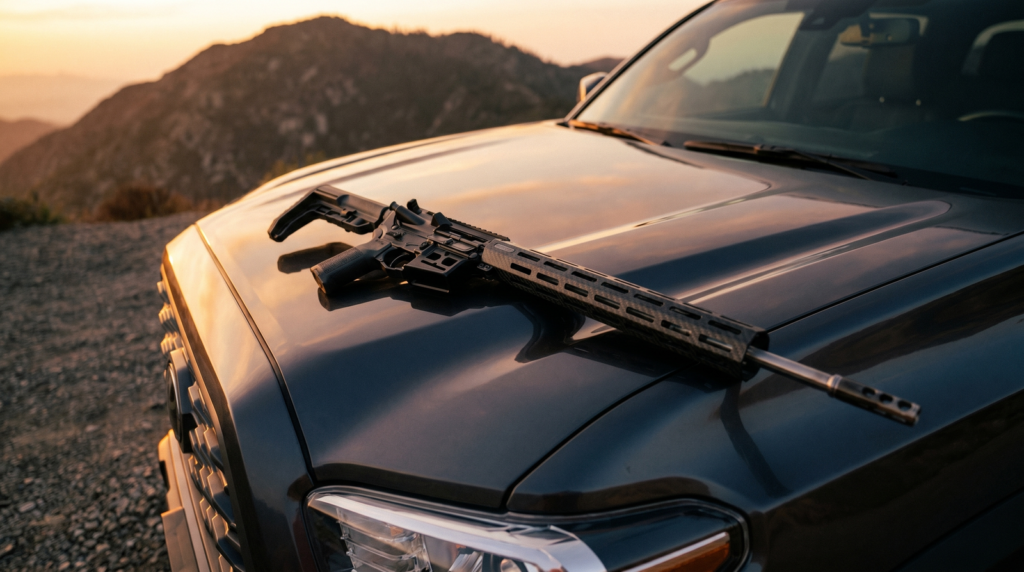 Faxon ION-X Hyperlite Review (2026): The Sub-5-Pound 16" AR-15 Tested 11 Faxon ION-X Hyperlite AR-15 on dark grey pickup truck hood at golden hour with mountain ridge