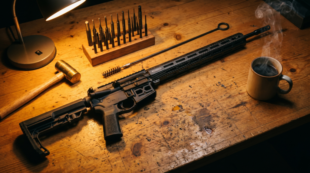 Faxon ION-X Hyperlite Review (2026): The Sub-5-Pound 16" AR-15 Tested 10 Faxon ION-X Hyperlite AR-15 on worn pine workbench surrounded by gunsmithing tools under warm tungsten task lamp