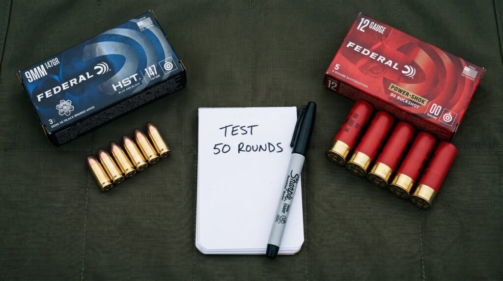 Home Defense on a Budget (2026): Complete Setup Under $1000 18 Top-down flat-lay of Federal HST 9mm 147gr defensive ammunition and Federal Power-Shok 12 gauge 00 buckshot boxes with brass cartridges and red shotgun shells fanned out beside a notebook with handwritten 50 ROUND TEST annotation on a dark olive tactical shooting mat