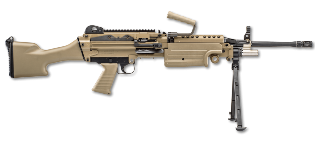 FN M249S Standard FDE civilian semi-auto SAW with bipod deployed