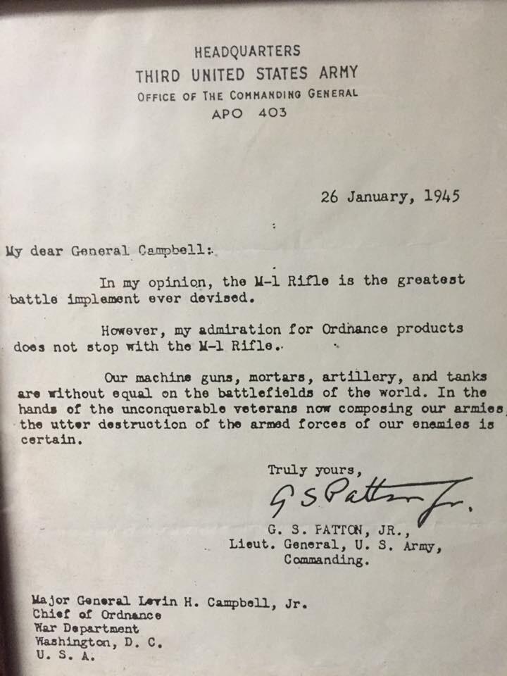 Used M1 Garand Buyer's Guide 2026: CMP Pipeline, Grades & Prices 33 General George S. Patton Jr. letter on Third US Army letterhead dated 26 January 1945 to Major General Levin H. Campbell Jr., Chief of Ordnance, containing the famous quote