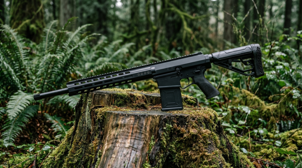 Genesis Arms Gen-12 Review (2026) 26 Genesis Arms Gen-12 resting on a moss-covered cedar stump in a Pacific Northwest forest