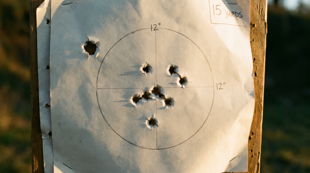 Genesis Arms Gen-12 Review (2026) 31 Paper shotgun pattern board showing 00 buckshot pattern from the Genesis Arms Gen-12 at 15 yards