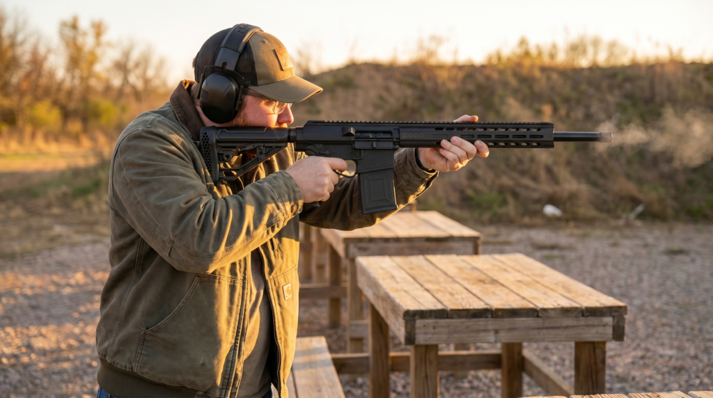 Genesis Arms Gen-12 Review (2026) 29 Author firing the Genesis Arms Gen-12 at an outdoor range during golden hour